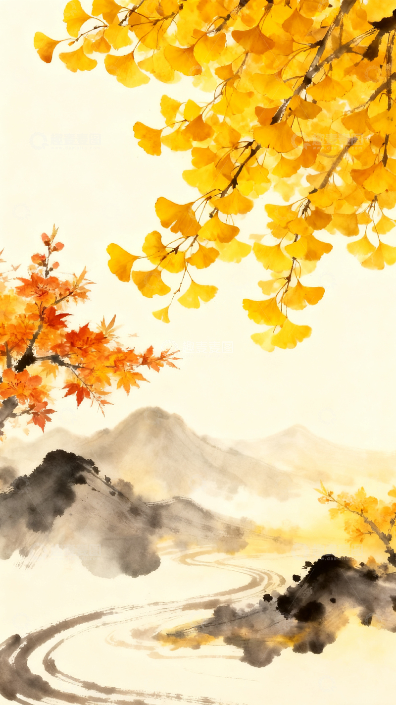 高清大图下载【趣麦麦图】-水墨秋日山水风景设计素材