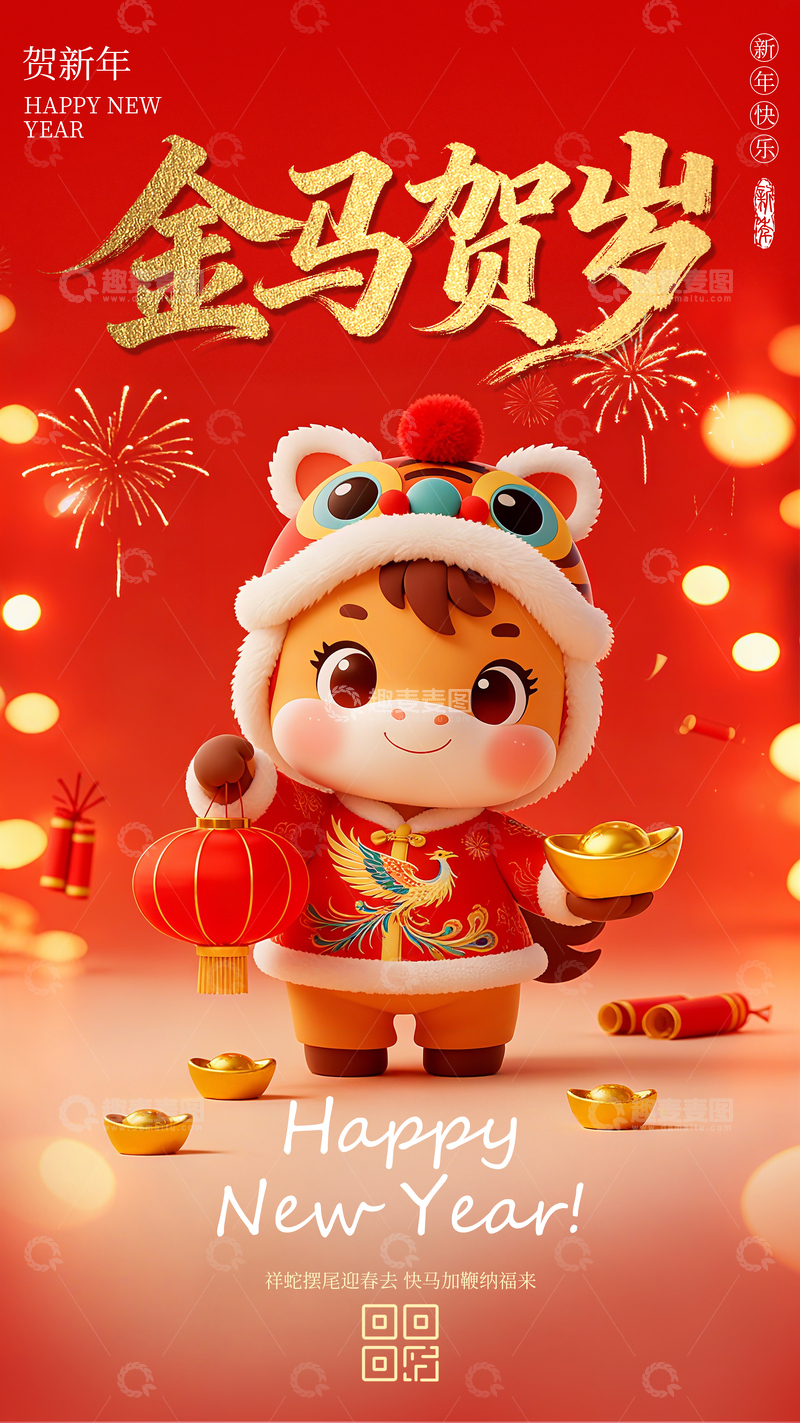 源文件下载【趣麦麦图】3D简约马年海报