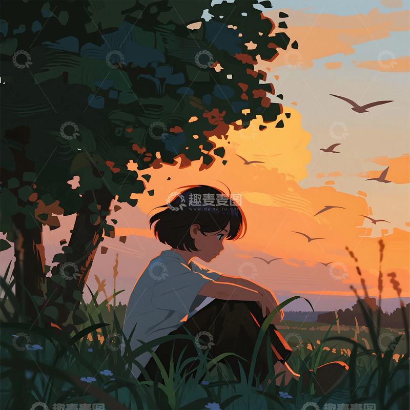 动漫日落静谧草地少年插画