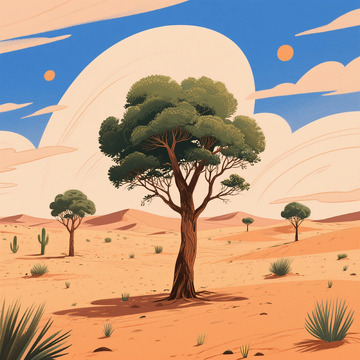 沙漠绿洲卡通风景插画