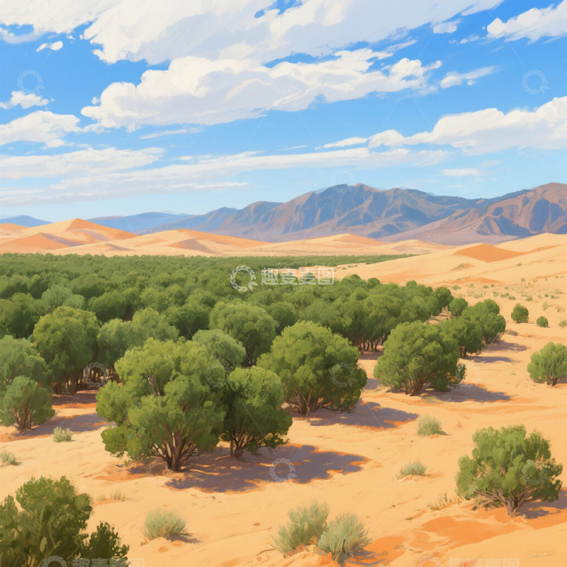 高清大图下载【趣麦麦图】沙漠绿洲美景绘画