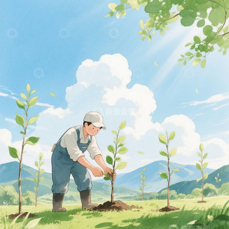 高清大图下载【趣麦麦图】田园植树插画素材