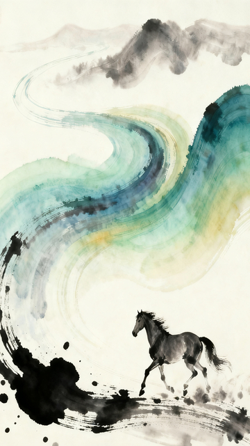 水墨画骏马山水意境设计素材1