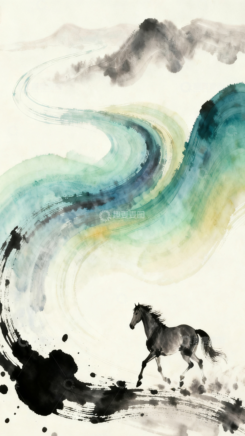 源文件下载【趣麦麦图】-水墨画骏马山水意境设计素材1