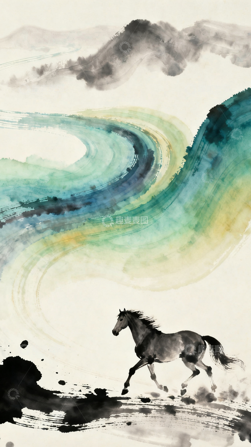 源文件下载【趣麦麦图】-水墨画骏马山水意境设计素材3