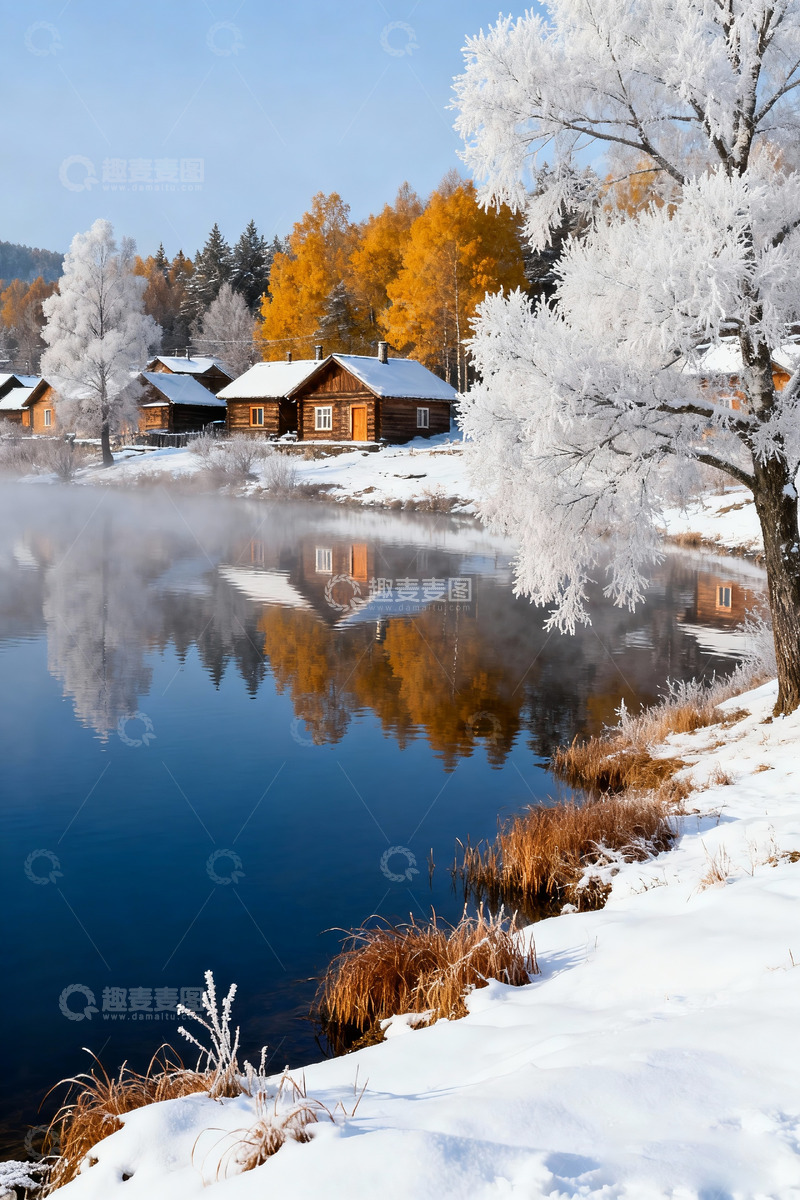 高清大图下载【趣麦麦图】初冬湖畔树林