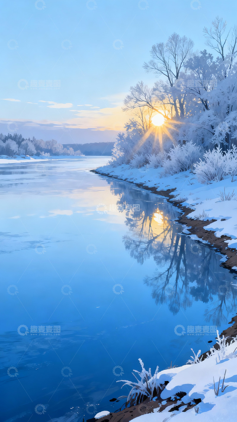 高清大图下载【趣麦麦图】初冬清晨湖面雪景