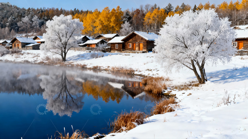 高清大图下载【趣麦麦图】初冬湖畔村落雪地