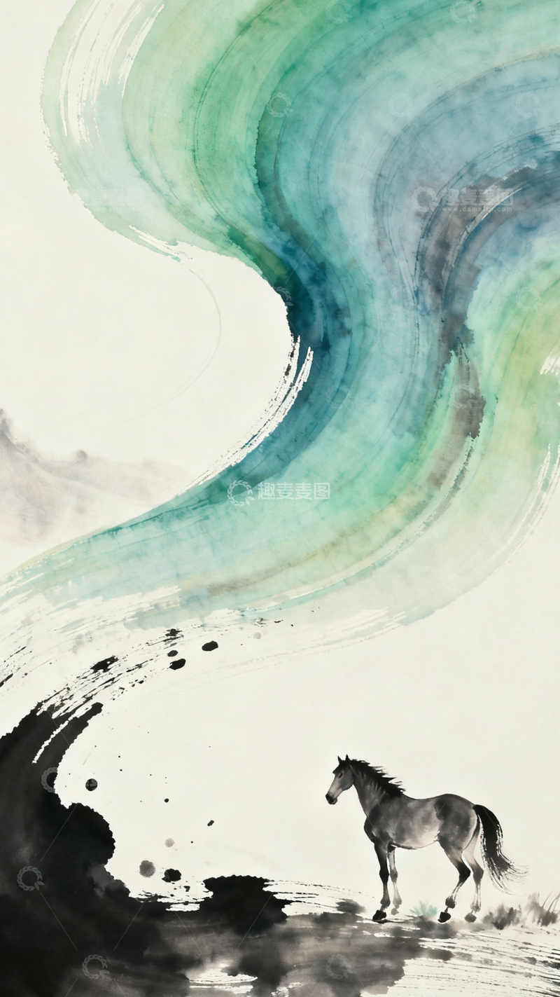 源文件下载【趣麦麦图】-水墨画骏马山水意境设计素材2