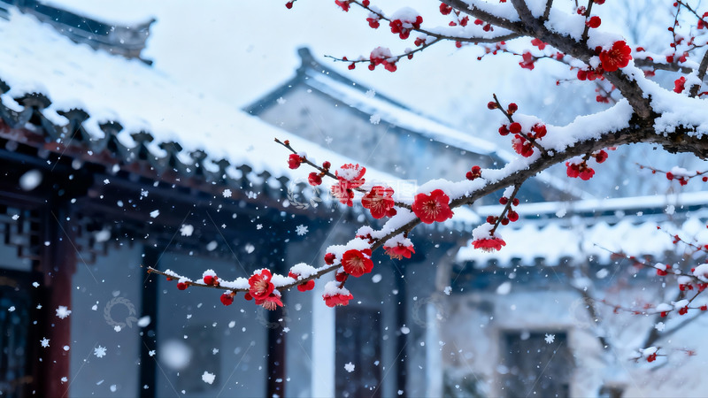 高清大图下载【趣麦麦图】-冬日雪景梅花庭院