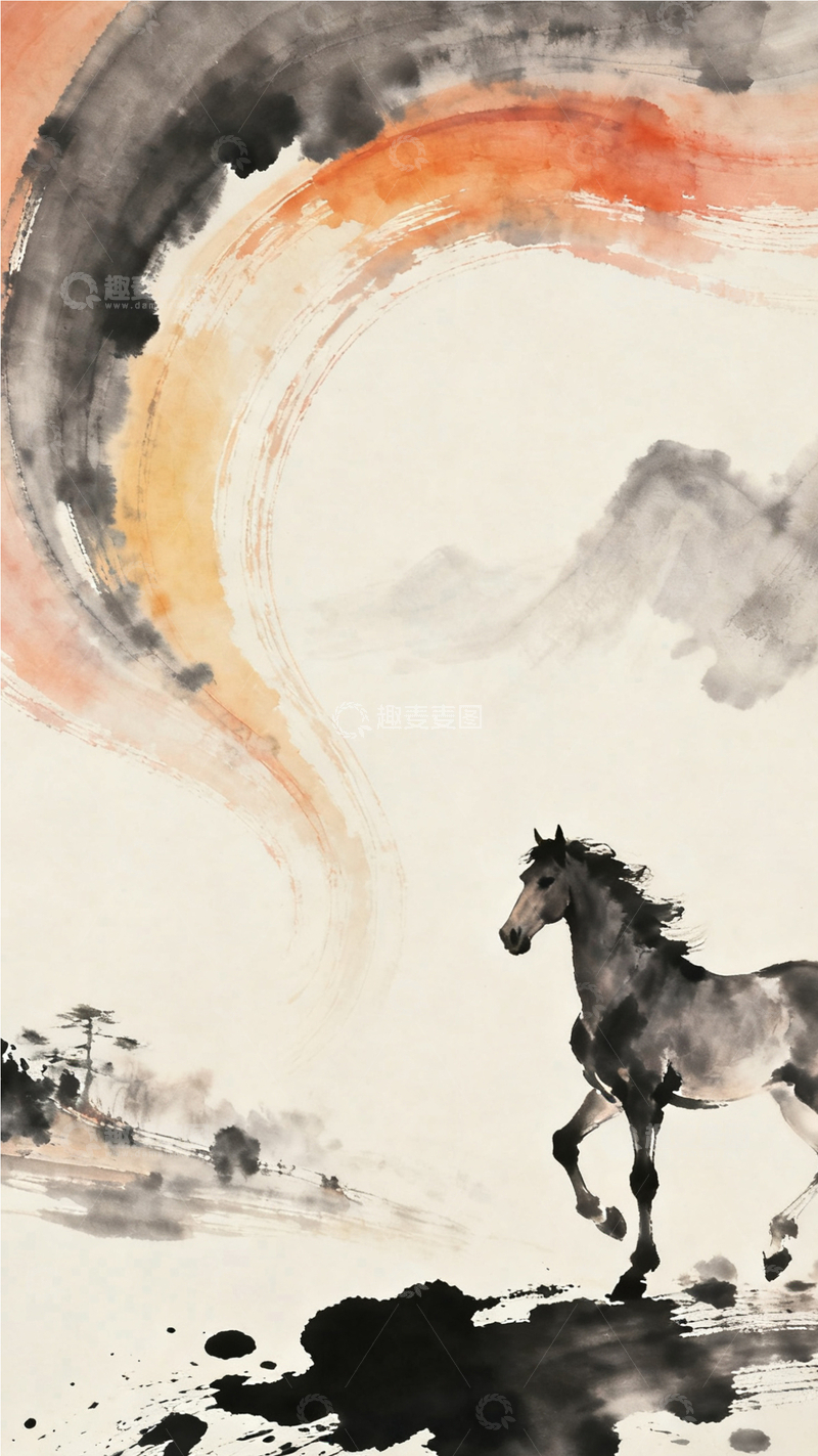 源文件下载【趣麦麦图】水墨画骏马山水意境设计素材4