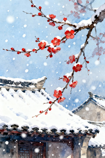 冬日雪景庭院插画