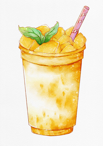 水彩芒果奶茶饮品插画设计