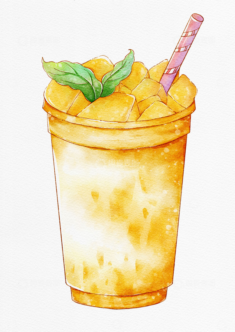 源文件下载【趣麦麦图】水彩芒果奶茶饮品插画设计