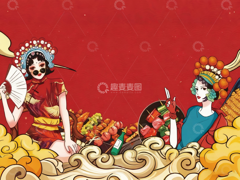 高清大图下载【趣麦麦图】国潮风春节喜庆人物美食插画