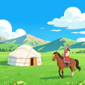 草原牧民骑马卡通插画
