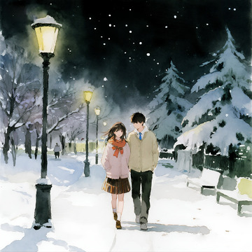 冬日灯下情侣