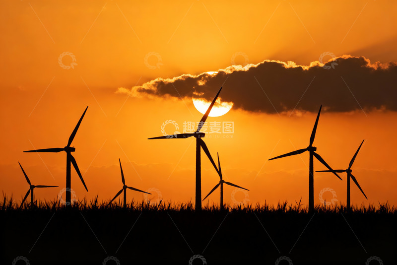 高清大图下载【趣麦麦图】夕阳下风力发电机清洁能源1