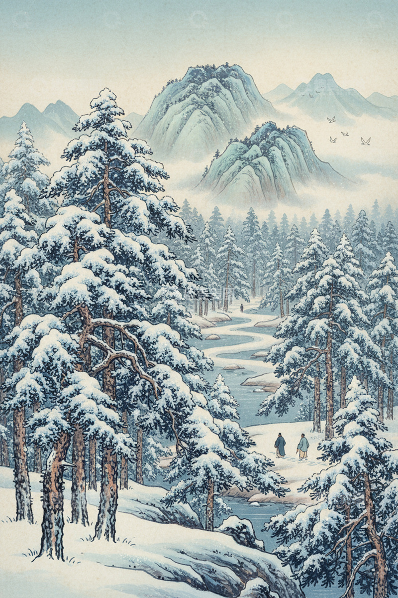高清大图下载【趣麦麦图】中国风冬季森林雪景插画