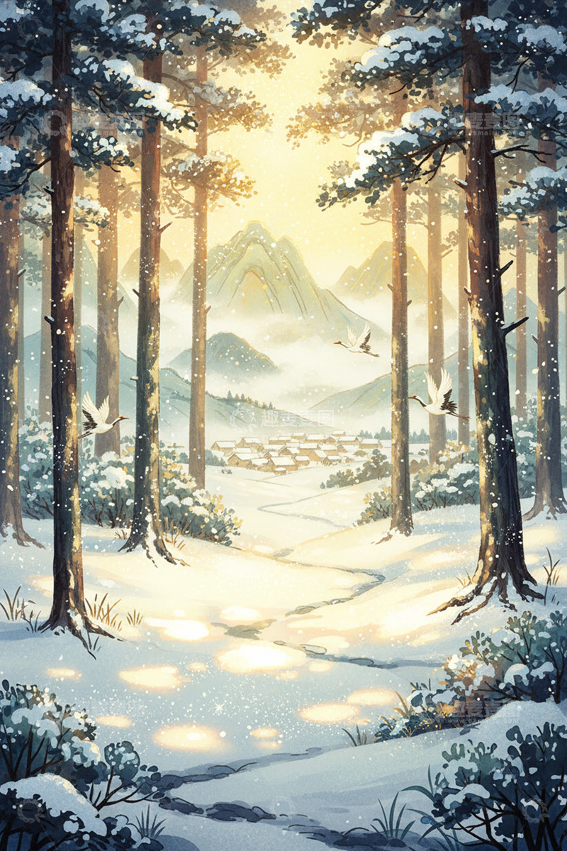 高清大图下载【趣麦麦图】中国风冬季雾凇森林日出插画