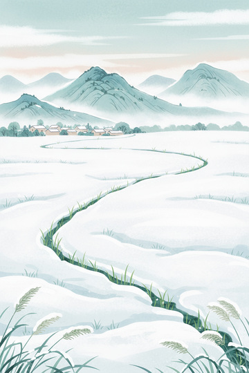 中国风冬季平原雪景插画