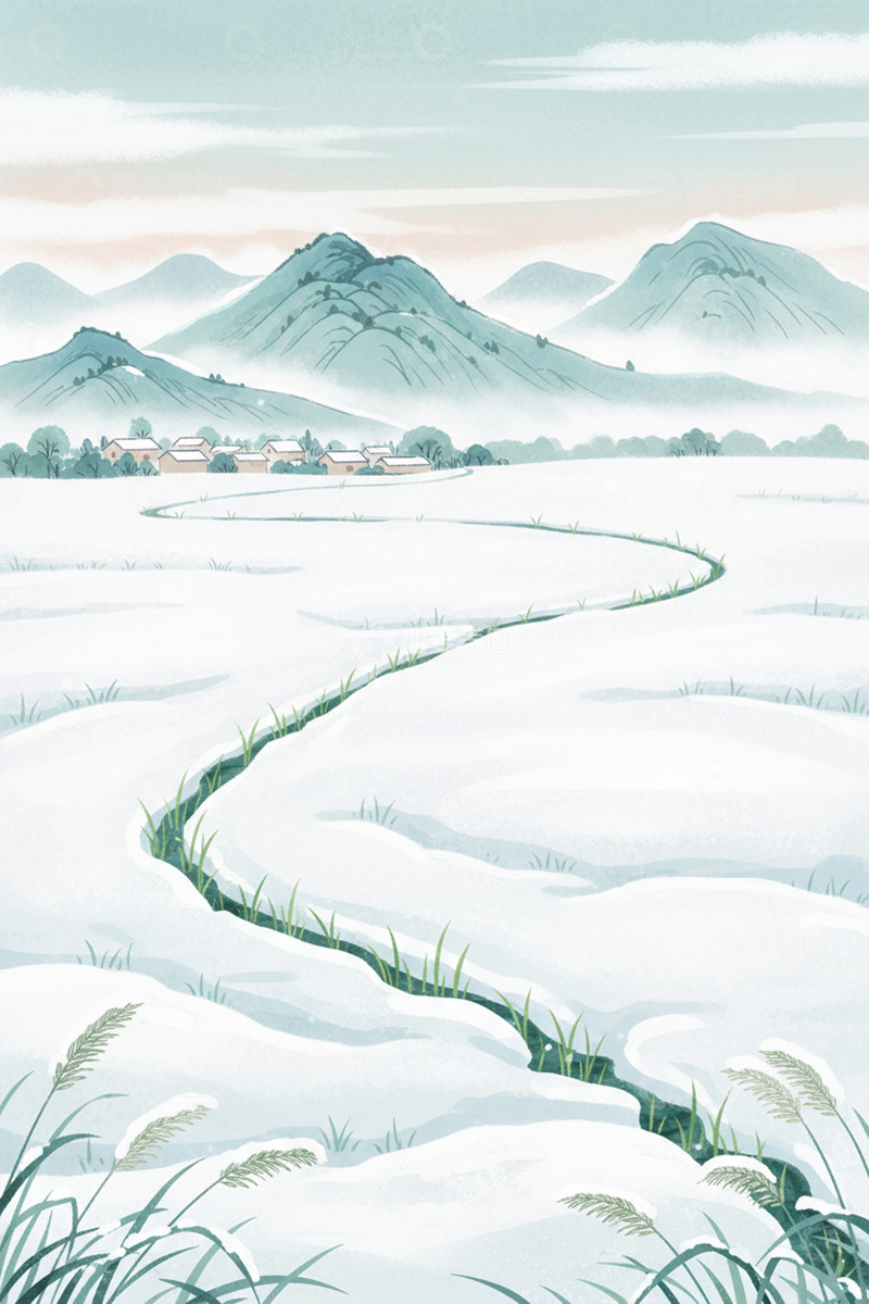 高清大图下载【趣麦麦图】-中国风冬季平原雪景插画