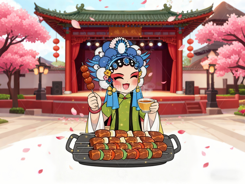 高清大图下载【趣麦麦图】卡通戏曲人物美食场景插画