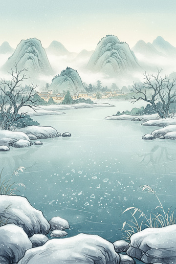 中国风冬季大河雪景插画