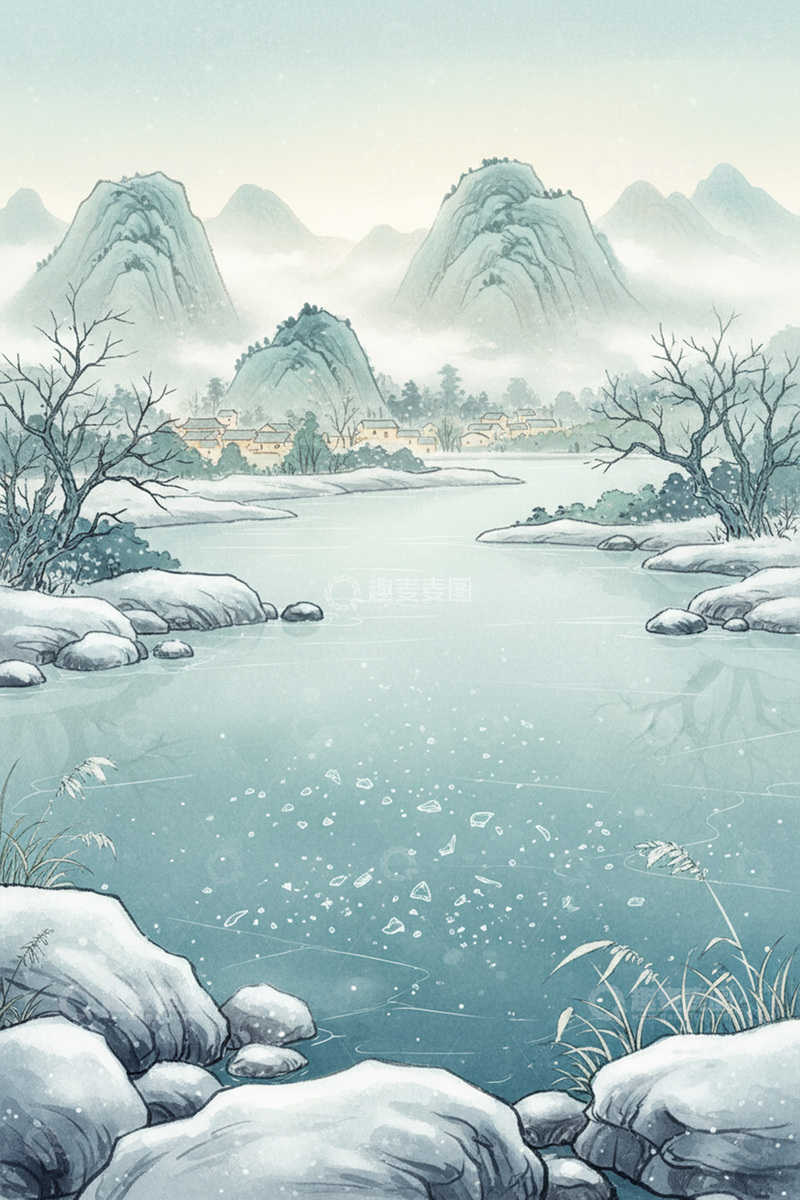 高清大图下载【趣麦麦图】中国风冬季大河雪景插画