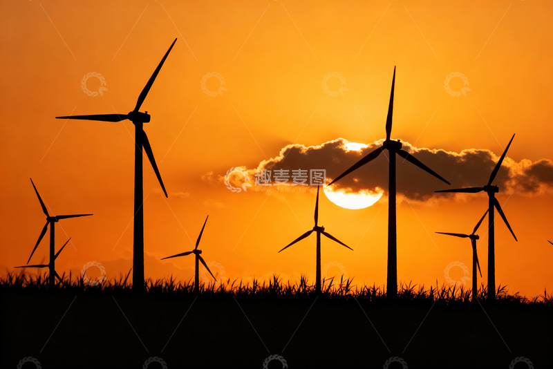 高清大图下载【趣麦麦图】夕阳下风力发电机清洁能源0