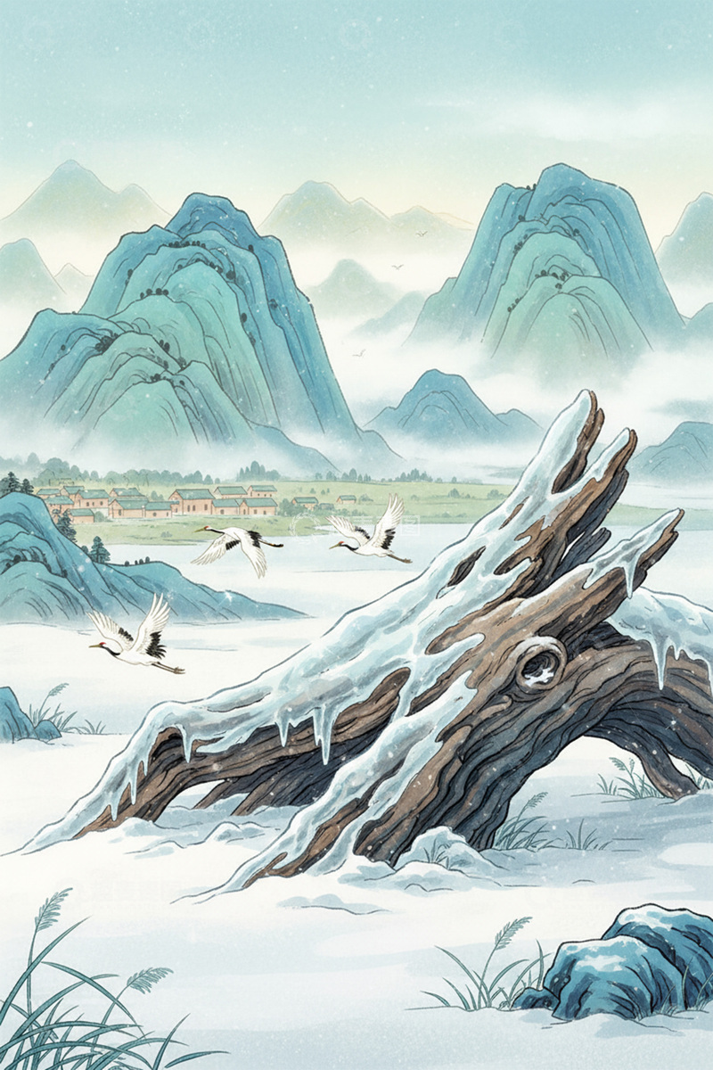 高清大图下载【趣麦麦图】中国风冬季水乡雪景插画