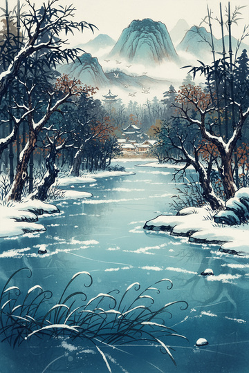 中国风冬季河道森林插画