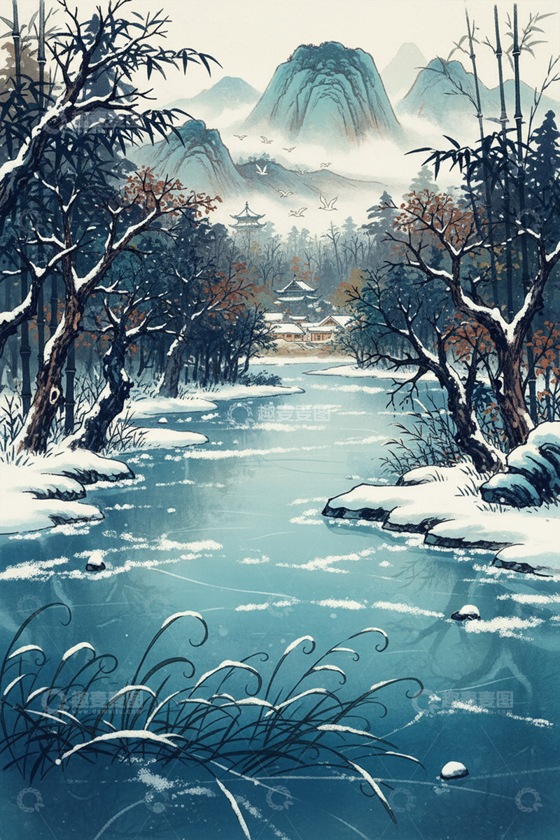 高清大图下载【趣麦麦图】中国风冬季河道森林插画