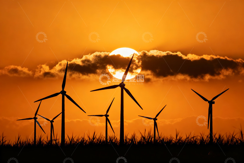 高清大图下载【趣麦麦图】夕阳下风力发电机清洁能源2