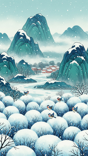 中国风冬季大山村庄插画