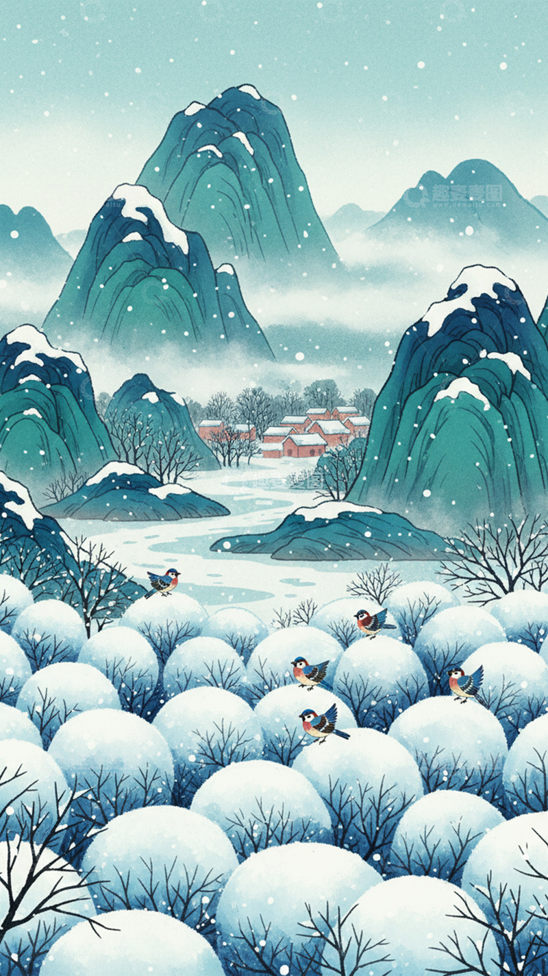 高清大图下载【趣麦麦图】中国风冬季大山村庄插画