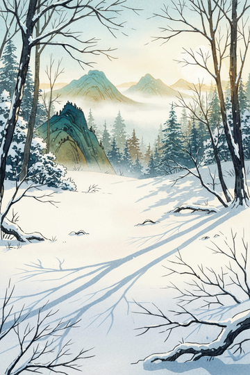 中国风冬季森林日出雪景插画