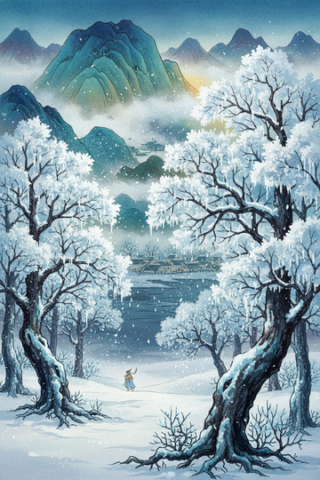 中国风冬季森林雾凇插画