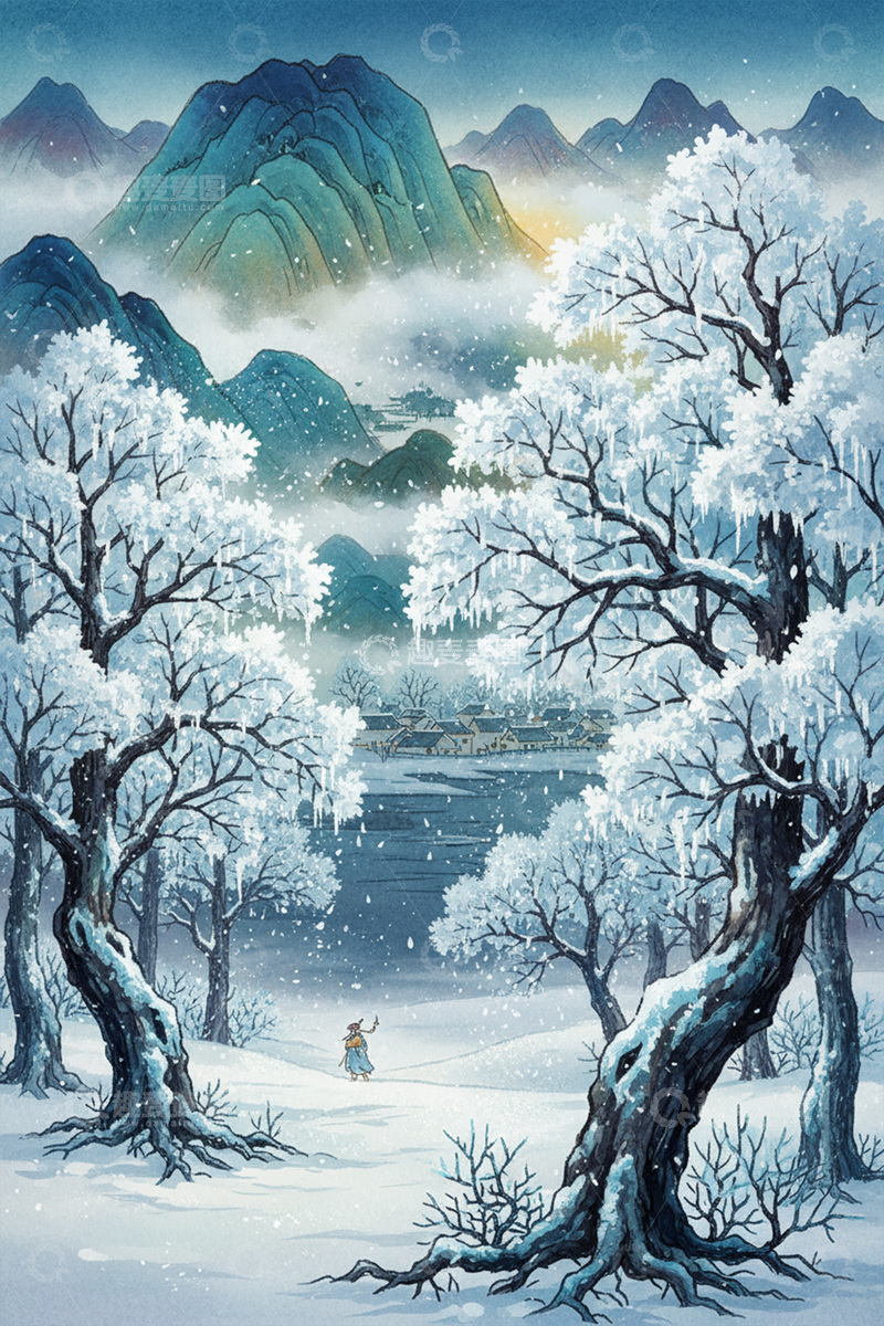 高清大图下载【趣麦麦图】中国风冬季森林雾凇插画