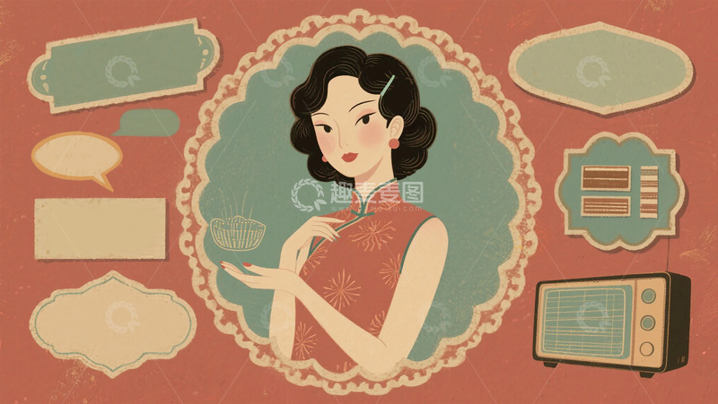 高清大图下载【趣麦麦图】复古旗袍女性插画素材