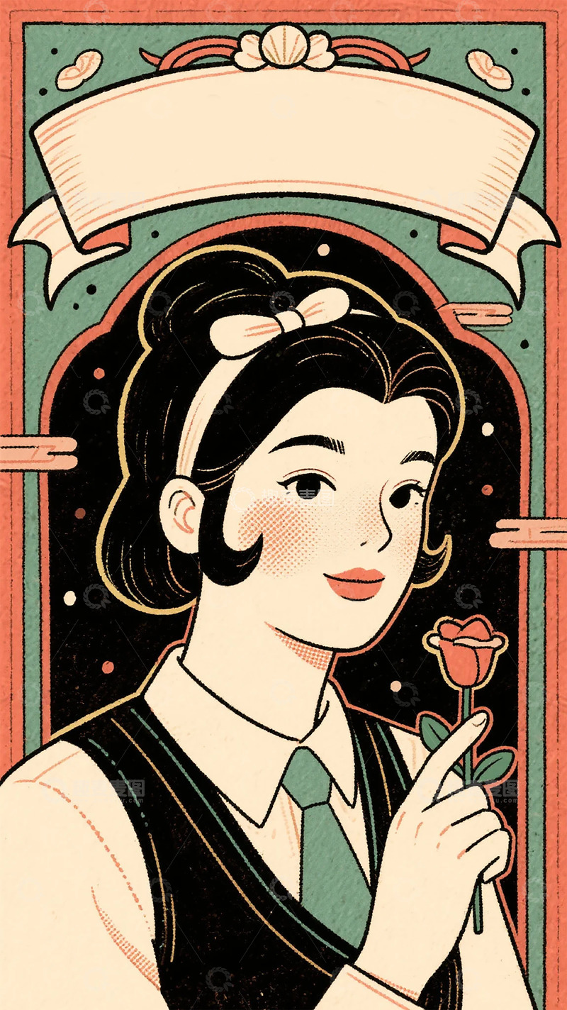 高清大图下载【趣麦麦图】复古风女性插画玫瑰装饰素材