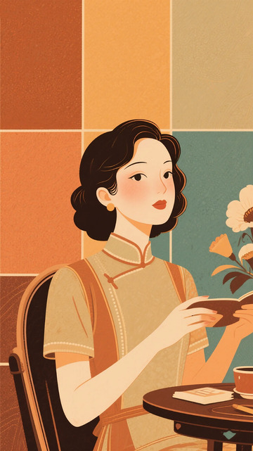 复古旗袍女性阅读插画