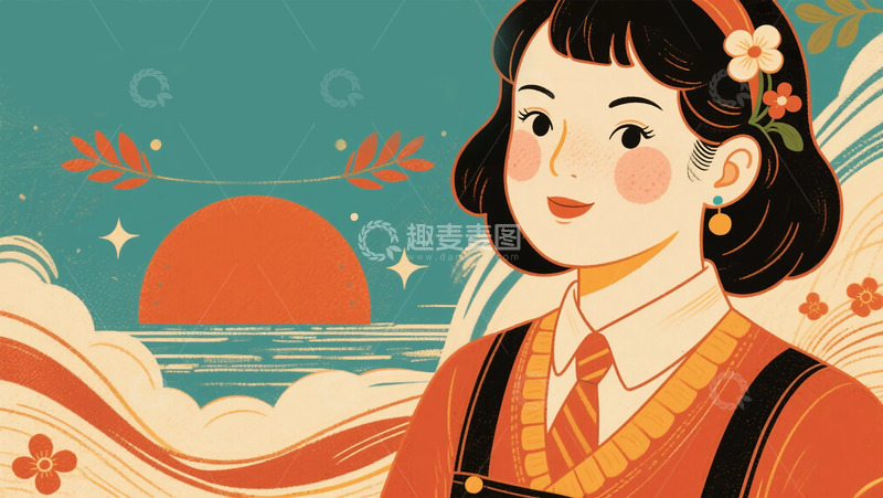 高清大图下载【趣麦麦图】复古风女性日落海岸插画