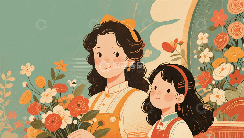 高清大图下载【趣麦麦图】温馨母女插画