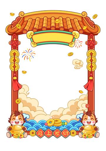 马年喜庆建筑边框装饰插画