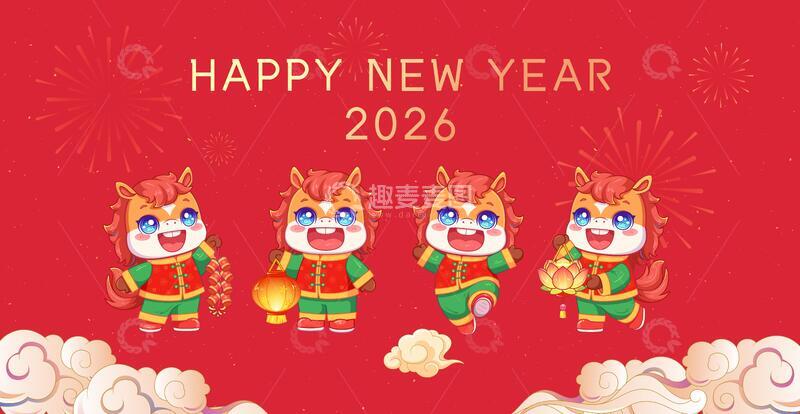 源文件下载【趣麦麦图】- 马年矢量卡通插画海报