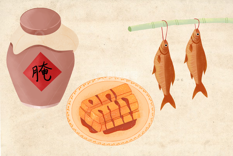 源文件下载【趣麦麦图】小雪腌菜糍粑晒鱼干气节插画