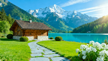 湖畔木屋山水风光风景护眼绿色