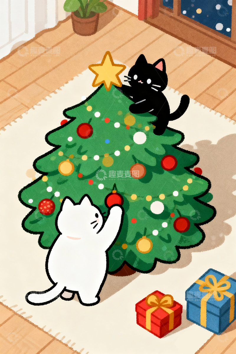 高清大图下载【趣麦麦图】圣诞节卡通小猫