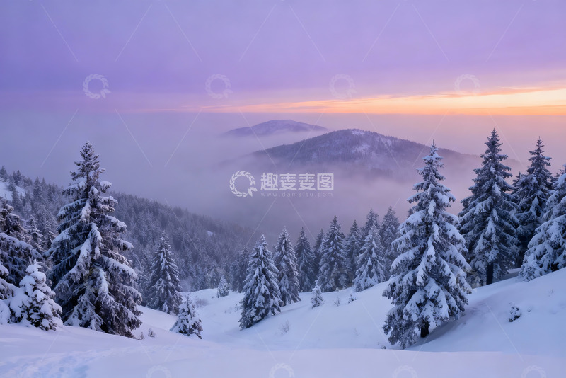 高清大图下载【趣麦麦图】紫色霞光下的雪岭松涛冬日全景1